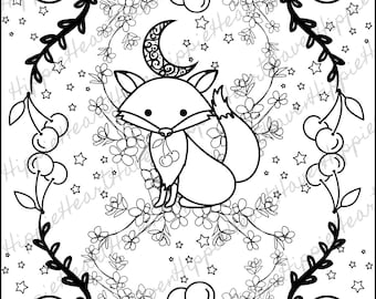 Sofortiger digitaler Download Schwarzkirsche Mond, Fuchs & Kirschblüten meditative Malseite zur Entspannung