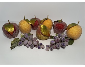 Vintage Faux gezuckerte Frucht Jeweled Perlen Birne Äpfel Trauben Pfirsiche 9 Stück