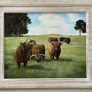Oil Painting Highland Cows out in the Pasture