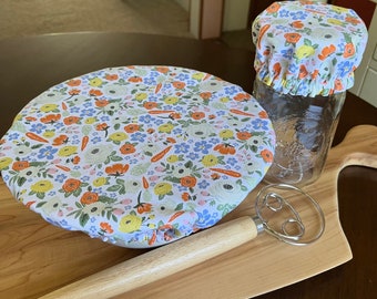 Reversible cotton fabric bowl and jar cover, sourdough starter topper and bread cover