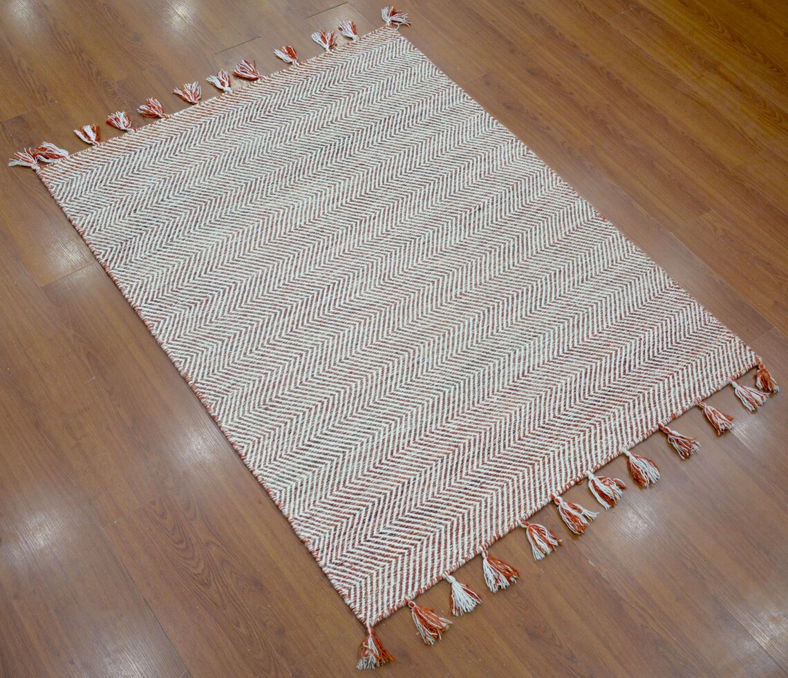 4' X 6' Rug Hand Dhurrie Wool White Red Area Rug Etsy