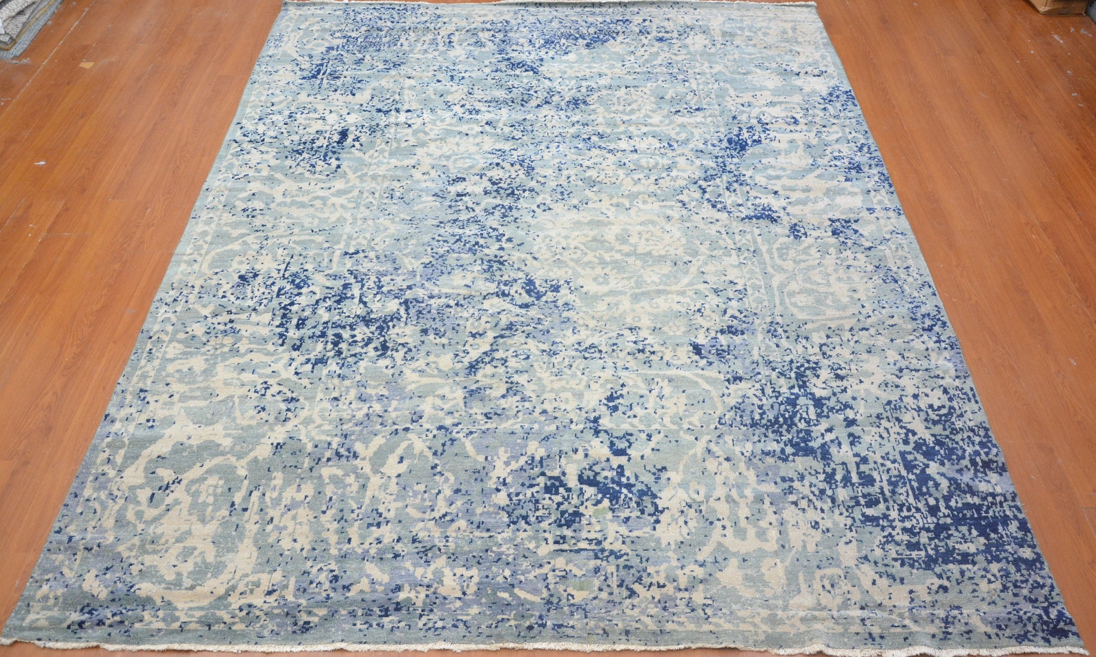 9' X 11' Rug Hand Knotted Handmade Wool Beige Blue Area Rug BLACK