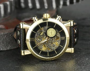 Jubiläumsgeschenk für Ihn, Steampunk Retro Gold Uhr, personalisierte Uhr, Trauzeugen Uhr, Geschenk für Papa, Geschenk