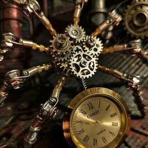 Pu&ograve; includere: Scultura steampunk di un ragno meccanico, con componenti in metallo color ottone e argento. Il corpo &egrave; composto da ingranaggi e un quadrante di orologio con la scritta "CAMRY QUARTZ". Le zampe sono articolate con bulloni e aste, creando un design industriale dettagliato.