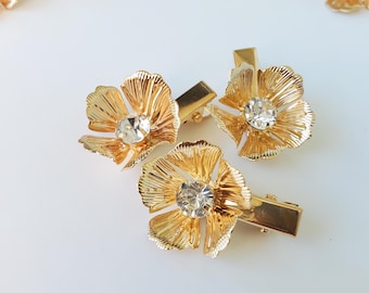 Golden Flower Hair Clip: Rhinestone Alligator Clip (1 inch) Pack of 3