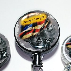 9/11 Never Forget Badge Reel or Stethoscope ID Tag: Firefighter, American Flag