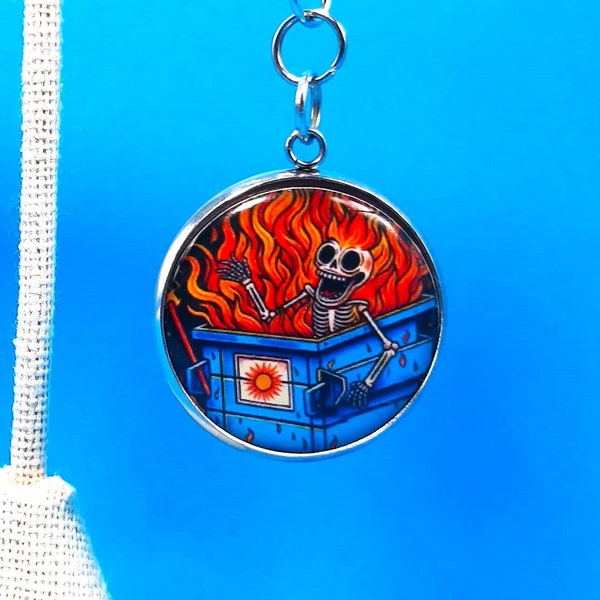 Badge Reel Charm Skeleton In A Flaming Dumpster Fire  - 1" Design                              CH-B1002J