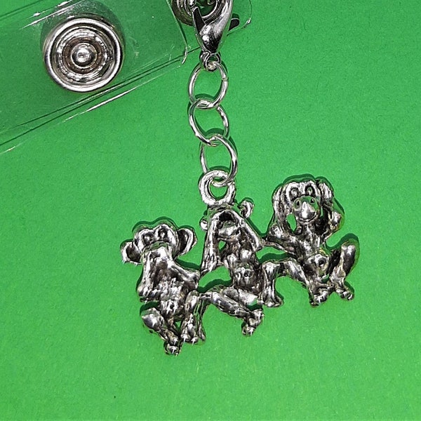 Speak No Evil Monkey Badge Reel Charm Accessory - Zipper Pull - Cell Phone Charm - See No Evil - Hear No Evil  SKU 1409