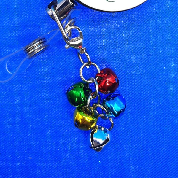 Five Shiney Christmas Bell Badge Reel Charm Accessory - Zipper Pull - Cell Phone Charm - Jingle Bell Charm       SKU 7005