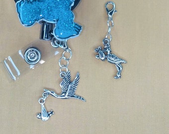 Silver Stork Badge Reel Charm Accessory - Zipper Pull - Cell Phone Charm - L&D - Mother Baby - OB - Postpartum - Baby Gift  SKU 1016-17