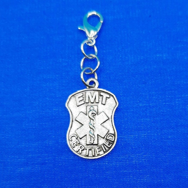 Silver EMT Certified Charm - Badge Reel Charm Accessory - Emergency Medical Technician - Zipper Charm - Cell Phone Charm          SKU 1164