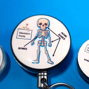 May include: Three retractable badge holders with a skeleton design. Each holder features a white background with a cartoon skeleton, the words "Skeleton Parts", "Bones", and "More Bones", and arrows pointing to different parts of the skeleton.