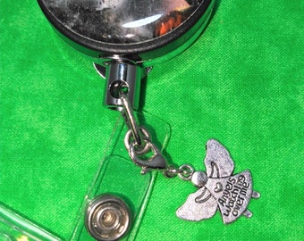 Angels Watching Over Me Badge Reel Charm: Silver Accessory