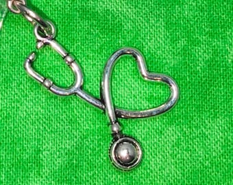 Charm Antique Silver Stethoscope Heart Badge Reel Charm - Zipper Pull - Phone Charm - Nurse Gift                            SKU 1005