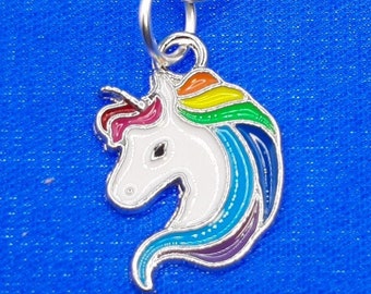 Charm Silver Rainbow Unicorn Head Badge Reel Charm Accessory - Zipper Pull - Cell Phone Charm                                SKU 1524