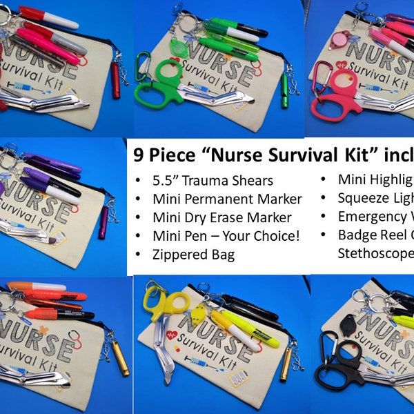 Nurse Survival Kit - 9 Piece Badge Reel Accessory - Mini Shears, Light, Highlighter, Marker, Dry Erase and Pen in Coordinating Colors