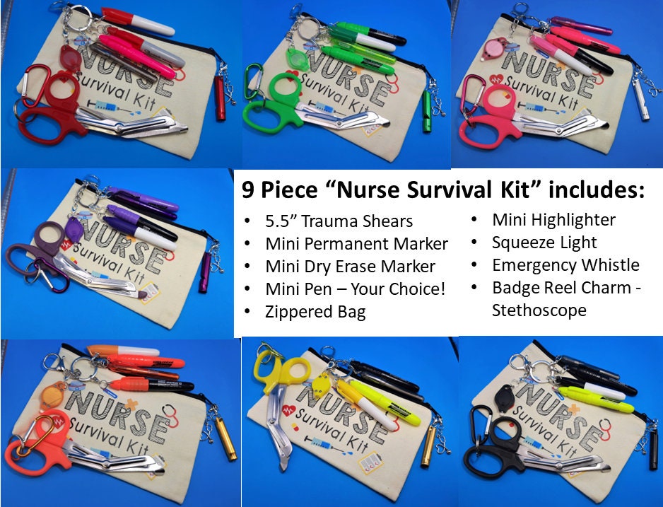Nurse Survival Kit 9 Piece Badge Reel Accessory Mini Shears, Light,  Highlighter, Marker, Dry Erase and Pen in Coordinating Colors -  Canada