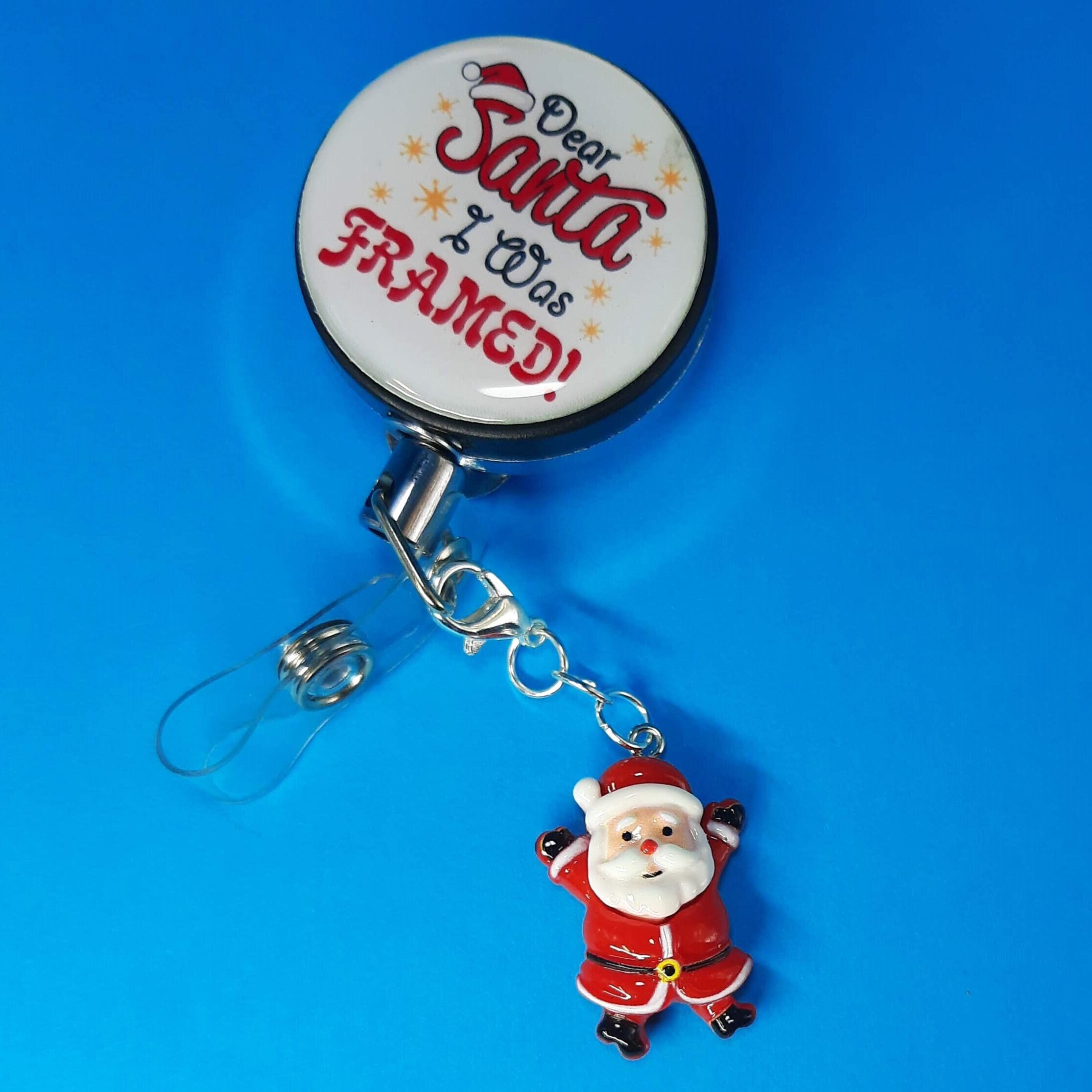 Excited Santa Charm Badge Reel Accessory - Zipper Pull - Cell Phone Charm - Backpack Charm     SKU 1048