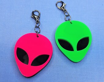 Neon Alien Face Badge Reel Charm Accessory - Zipper Pull - Cell Phone Charm                                               SKU 1153