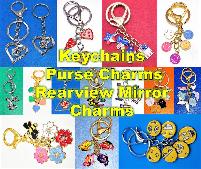 May include: Assortment of keychains, purse charms, and rearview mirror charms. The charms are made of metal and feature various designs, including hearts, stars, butterflies, and smiley faces.