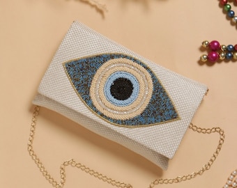 Designer Evil Eye aus Jutestoff, Boho-Tasche, Indien, bestickte Umhängetasche, Boho-Umhängetasche, Damentasche, Geldbörse, Stammes-Banjara-Tasche