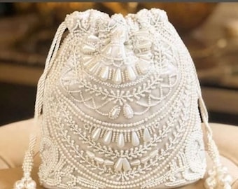 handmade wedding bag handbag designer potli bridal potli White velvet potli bag hand embroidery