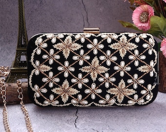 Pochette noire en zardozi, cadeau de mariage, sac à main indien brodé à la main, boîte-cadeau de fiançailles, cadeaux de demoiselle d'honneur, cadeau de douche nuptiale