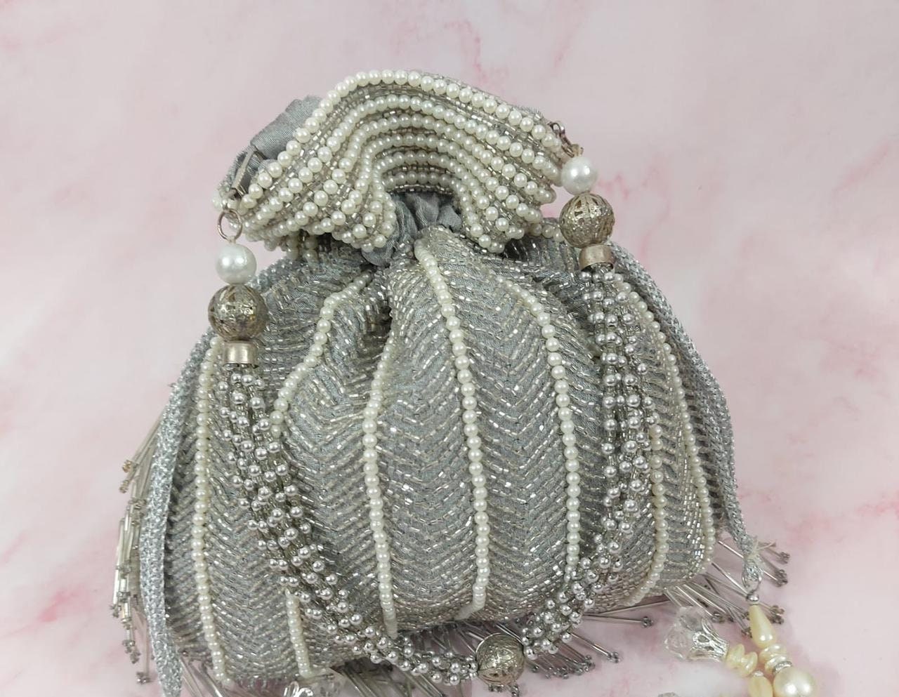 Gray Silver Potli Bag Wedding Gift Handmade Unique Embroidered