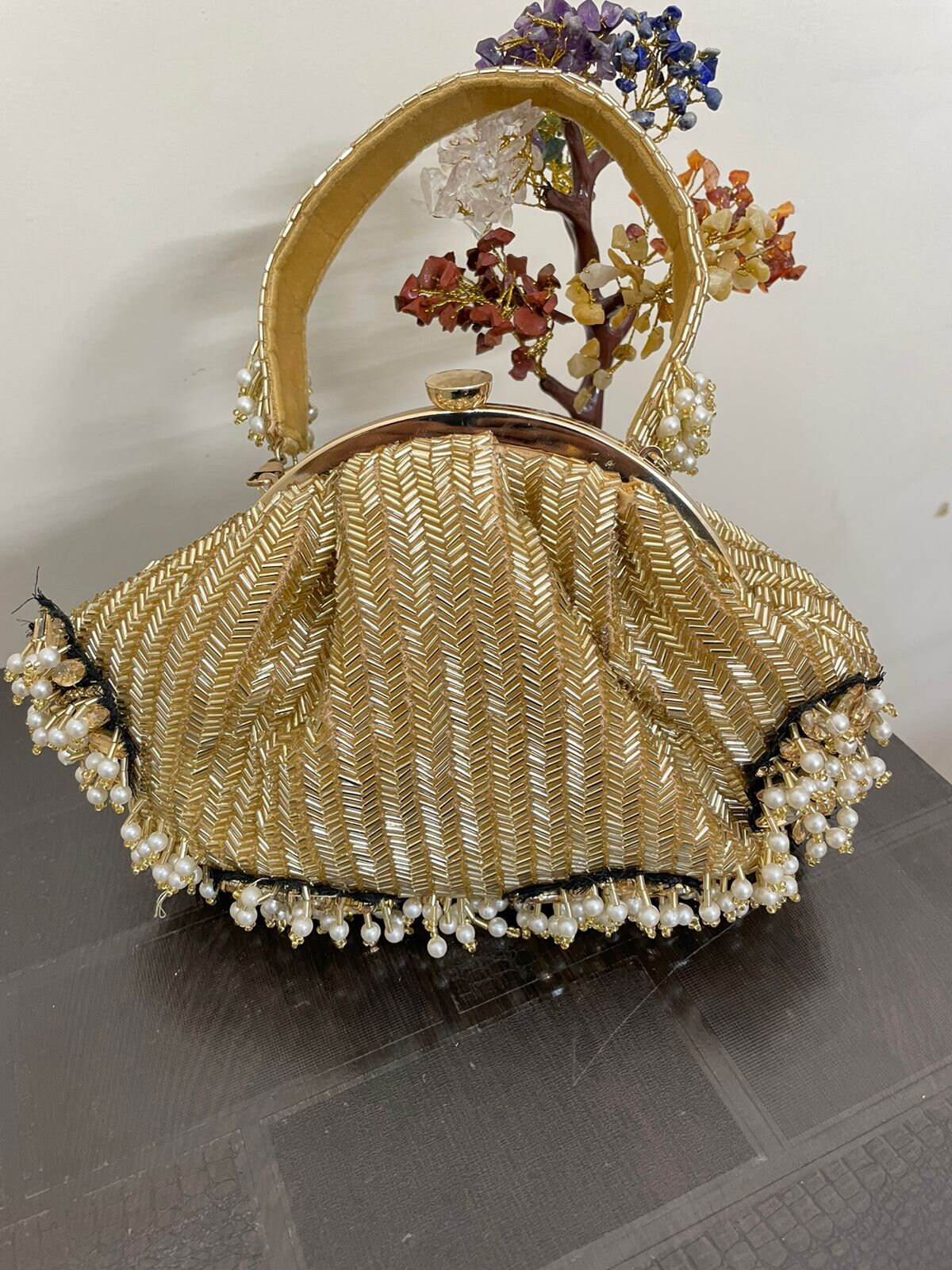 Golden Hard Case Clutch Purse Bag Handmade With Designer 