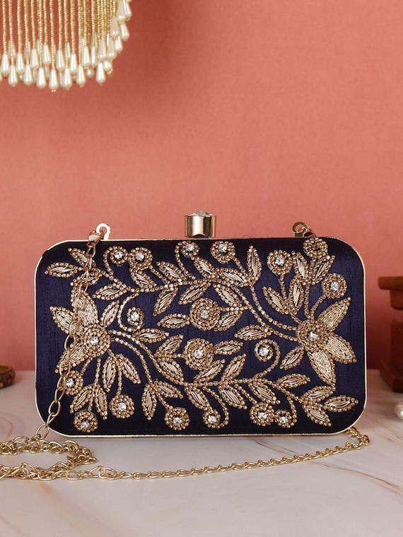 Navy Blue Beaded Clutch Box Wedding Gift Handmade Embroidered