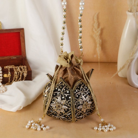 Beautiful Brown Golden Handmade Indian Fashion Potli Bag with Sequins –  Mangogiftsstore