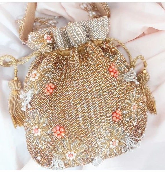 Golden Hand Embroidery Festive Wedding Bridal Potli Bag With Tassel For  Women