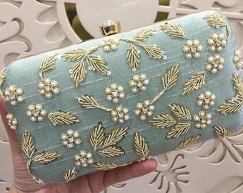 mint green zardozi clutch box wedding gift handmade embroidered indian box handbag engagement gift box bridesmaid gift bridal shower gift