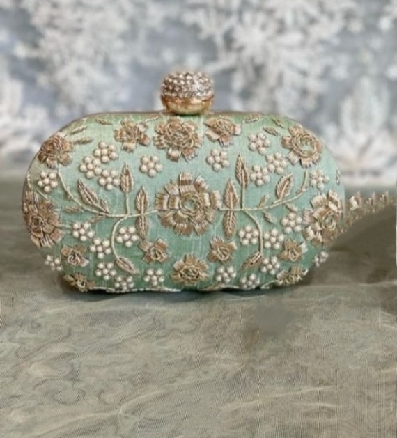 Mint Clutch Bag - Women's pearl & zardozi evening bag for weddings
