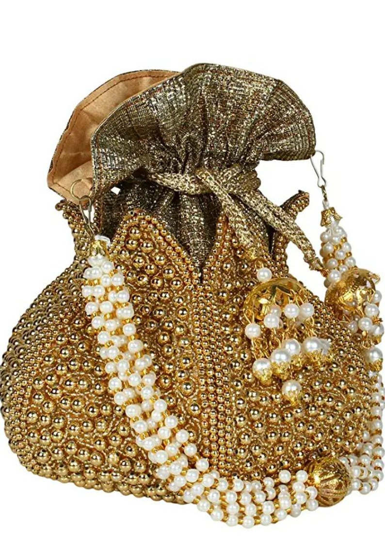 Potli bag golden beaded lotus flower handmade unique pouch Etsy