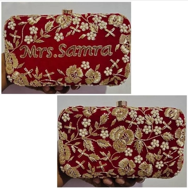 Red personalized zardozi clutch box double side embroidery handmade indian handbag wedding gift engagement gift box bridesmaid gifts