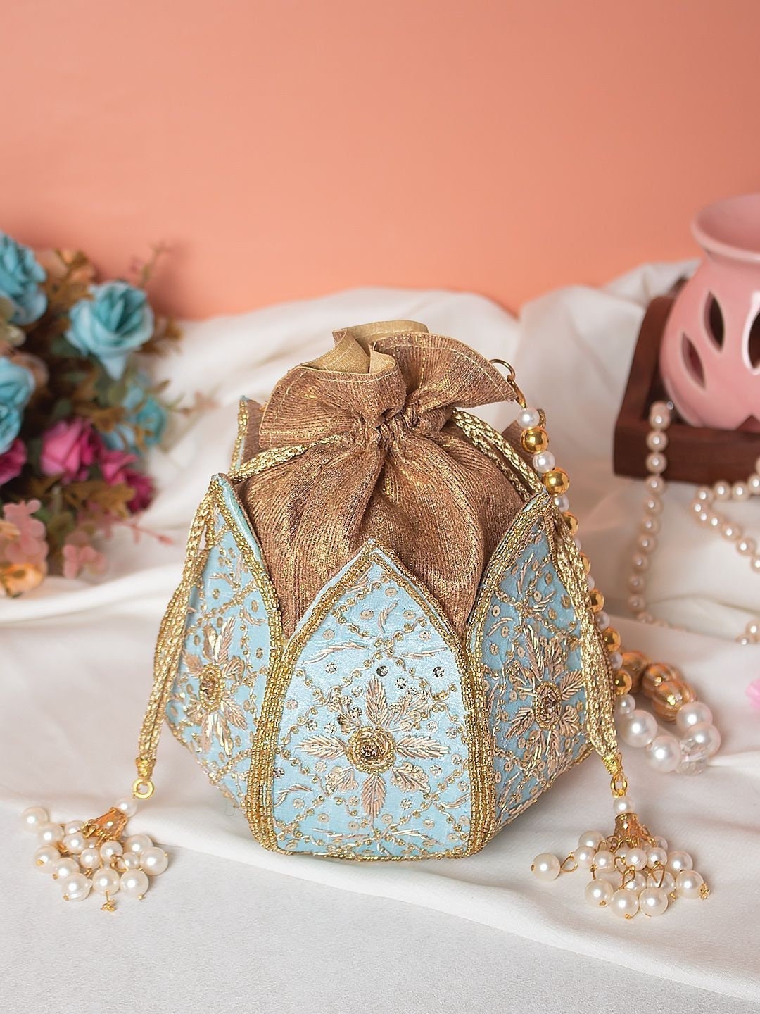 Lotus Potli Bag Wedding Gift Handmade Unique Purse Embroidered Indian Bridal Bag Handbag Engagement Gifts Bridesmaid Gifts Anniversary Gifts