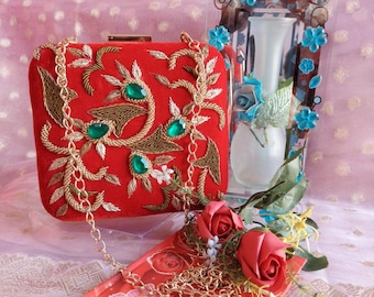 rouge zardozi pochette cadeau de mariage fait à la main brodé boîte indienne sac à main de mariée boîte cadeau de fiançailles cadeaux de demoiselle d'honneur cadeau de douche nuptiale