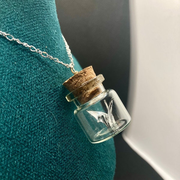 Mini Origami Crane in a Bottle Necklace - Great Origami Lovers Gift - Designer Origami - Handmade