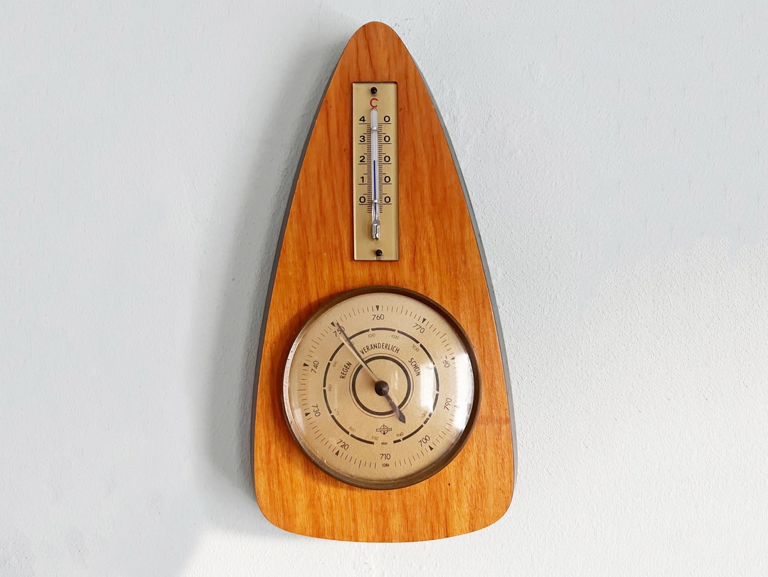 Minimalist Barometer / Thermometer Made of Wood / 70s Etsy