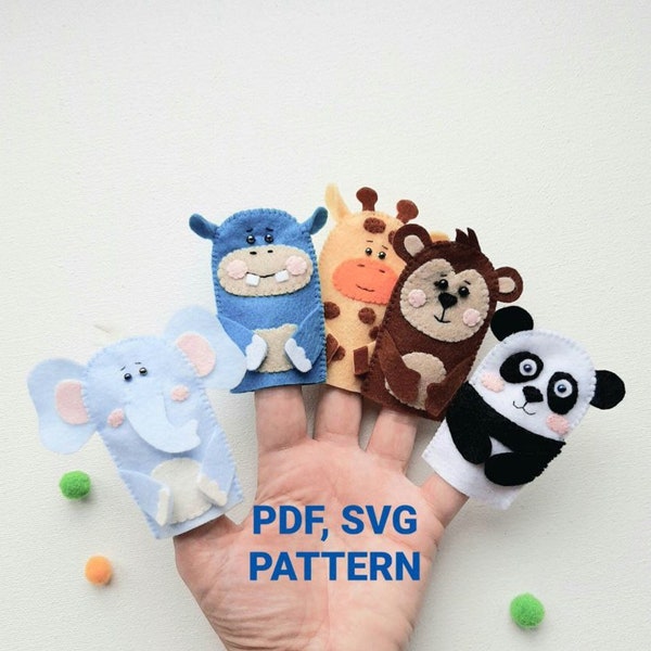 Finger puppets sewing pattern, Felt pattern PDF SVG Safari animal pattern Hippo, Elephant, Panda, Giraffe, Monkey