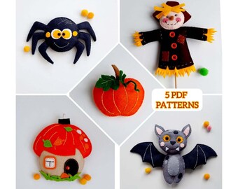 Fall Decor pattern Baby mobile pattern Felt sewing pattern PDF Autumn decorations Scarecrow Orange Pumpkin house Bat Spider Instant Download