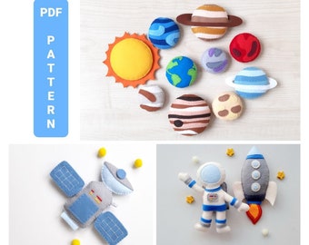 Space baby mobile pattern PDF Felt Solar system planet, Astronaut, Rocket, Satellite ornament sewing pattern