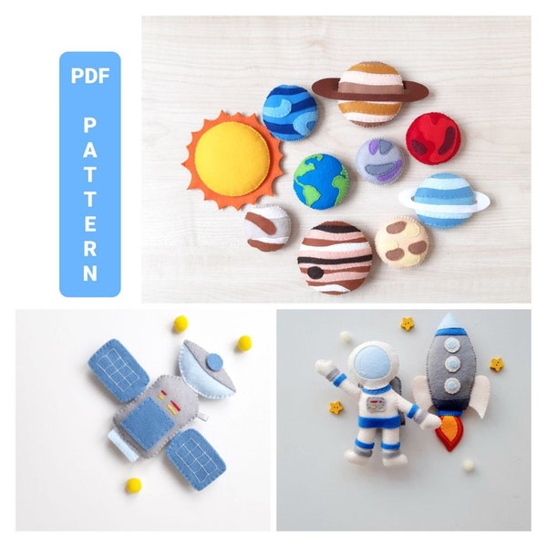 Space baby mobile pattern PDF Felt Solar system planet, Astronaut, Rocket, Satellite ornament sewing pattern