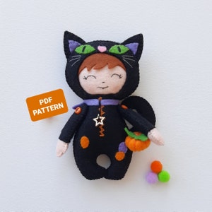 Halloween Cat felt sewing pattern, Black cat and pumpkin PATTERN PDF, Halloween decor, Black cat stuffed animal sewing tutorial