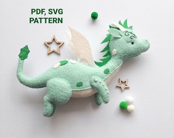 Dragon PDF, SVG pattern,  Dragon felt sewing tutorial, Anime ornament DIY plush, Baby crib mobile toy