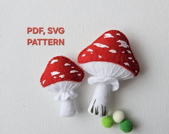 May include: PDF and SVG sewing patterns for two felt mushrooms. The larger mushroom is red with white spots and the smaller mushroom is red with white spots. Both mushrooms have white stems.