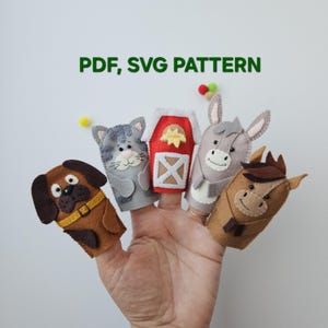 May include: A hand displaying five felt finger puppets: a dog, cat, barn, donkey, and horse. The puppets are brown, gray, red, and tan, with detailed features. Text at the top reads "PDF, SVG PATTERN".