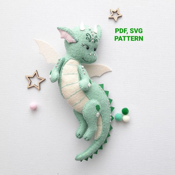 Dragon PDF, SVG pattern,  Dragon felt sewing tutorial, Anime ornament DIY plush, Baby crib mobile toy