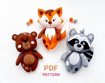 Fox pdf pattern felt sewing Woodland softies pattern Fox Bear Raccoon ornament pdf pattern Animals tutorial pdf sewing pattern